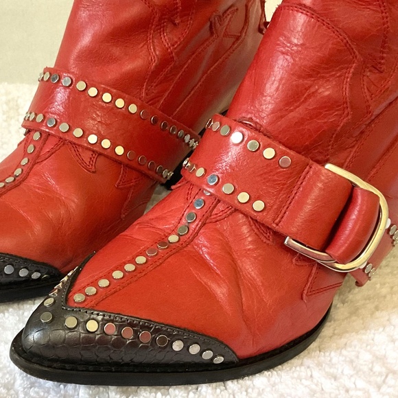 Zadig & Voltaire Cara Studded Ankle Boots Red Western Rockabilly  sz  38EU/7US - Picture 10 of 16